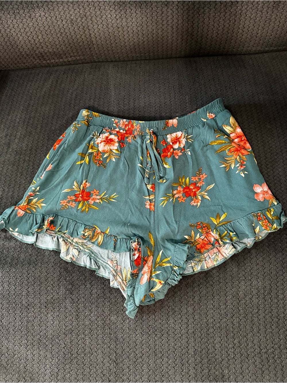 American Eagle Outfitters Teal Floral Ruffle Hem Shorts